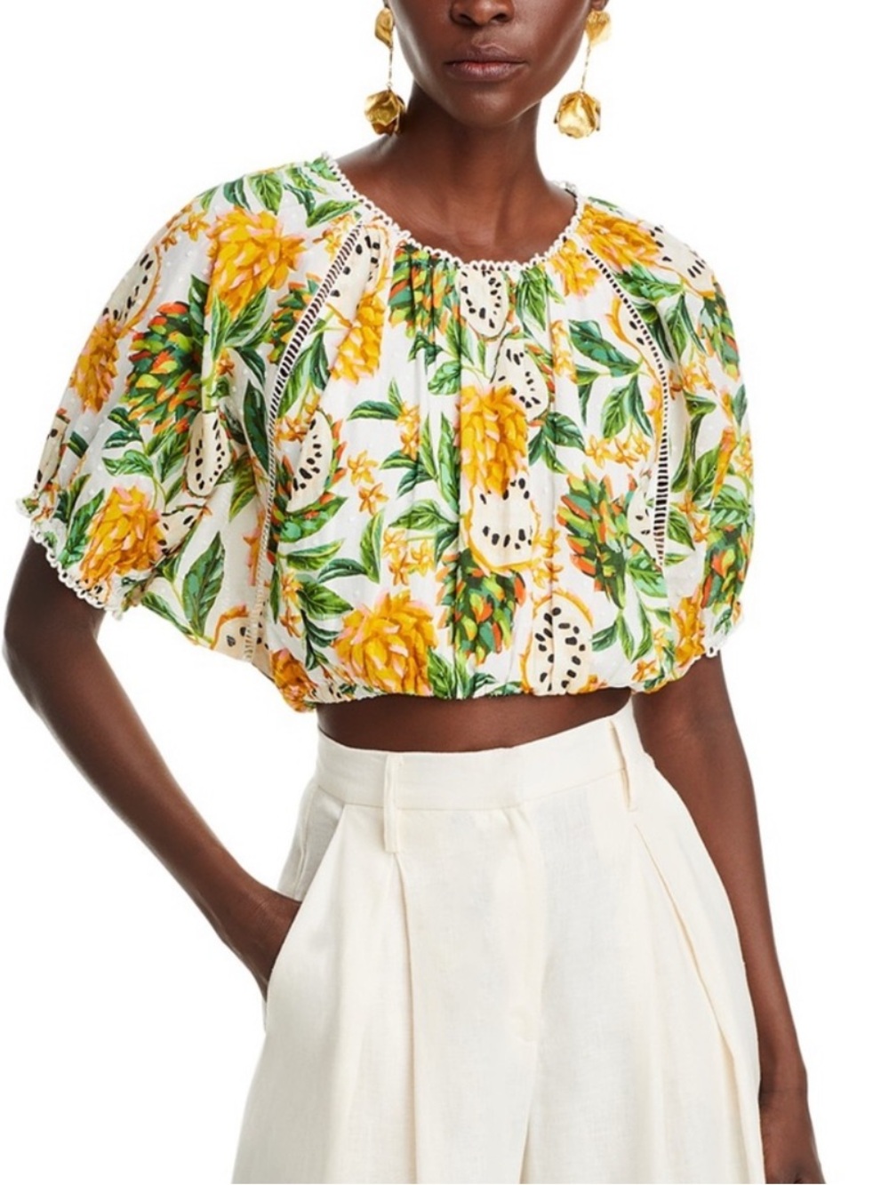 Farm Rio Biriba Fruit Puff Sleeves Smocked Stretch Cropped Top